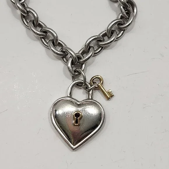 Vintage 1994 Tiffany & Co. Sterling Silver/18K Yellow Gold Heart W/Key Link Nck - Picture 3 of 7